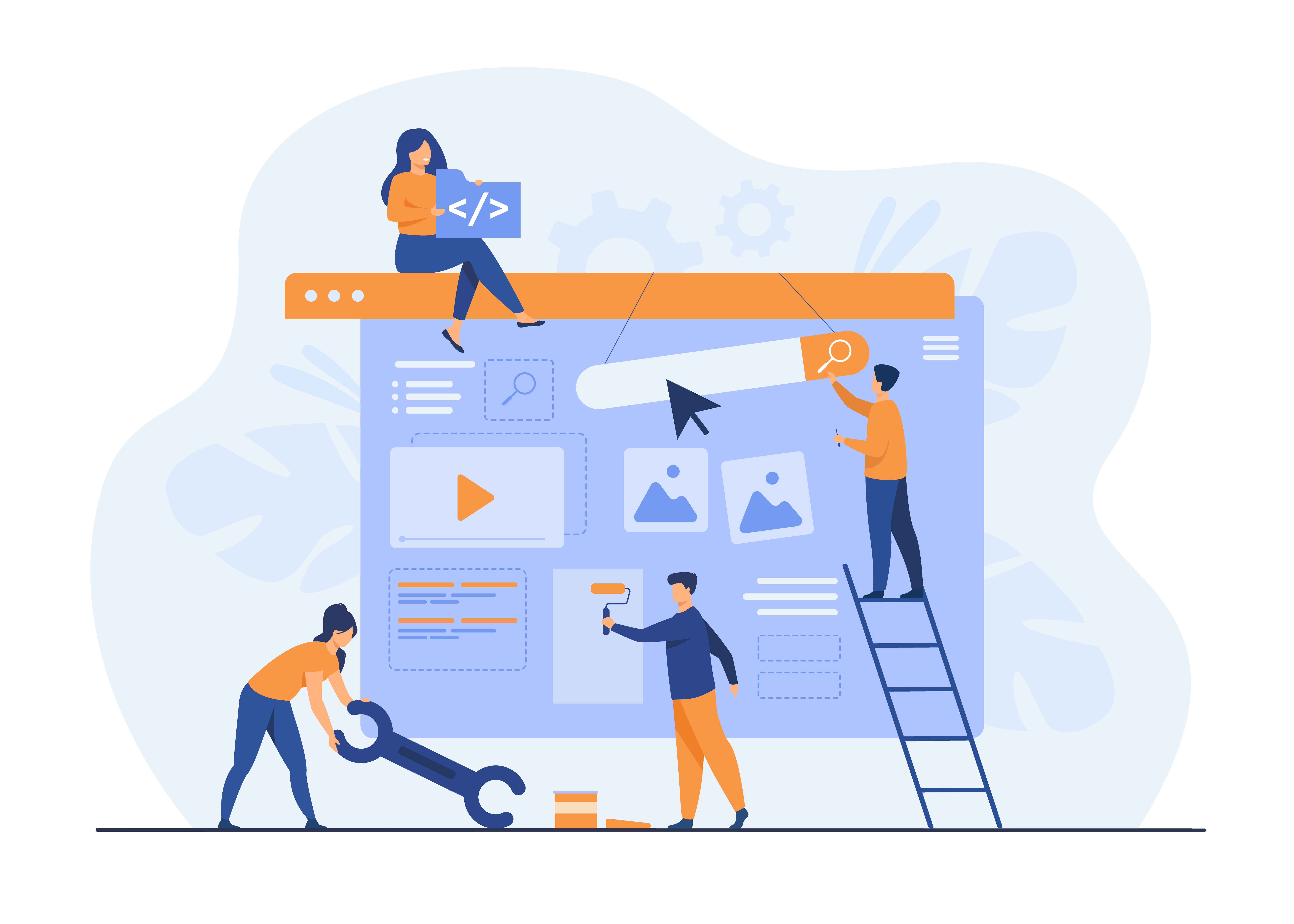 Digital marketing team constructing landing or home page Illustration of people building a website interface with tools, gears, and large webpage elements.